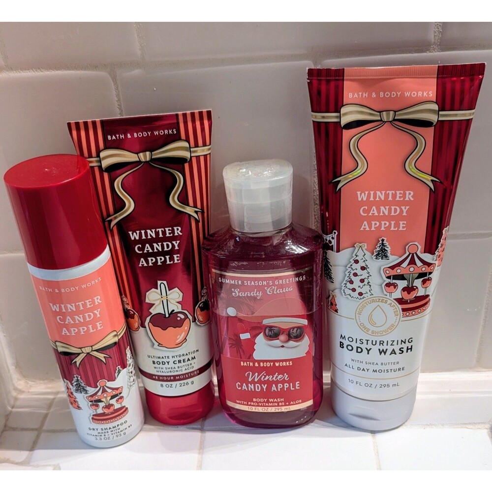 Bath & Body Works Winter Candy Apple 4-Piece Set Cream Wash Dry Shampoo NWT